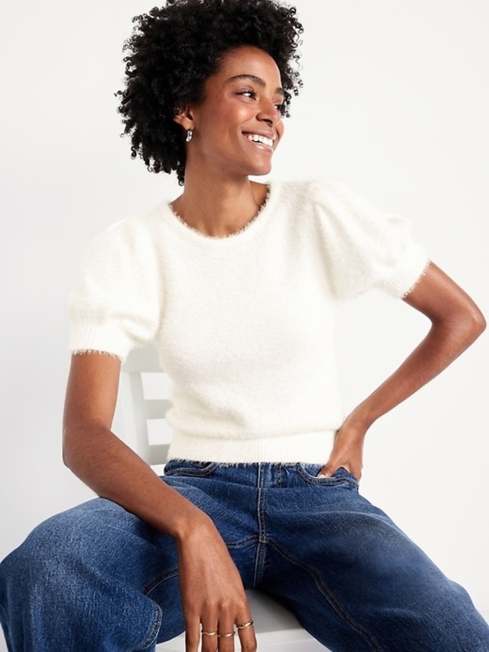 Old Navy NWT White Fuzzy Eyelash Knit Puff Sleeve Short Sleeve Sweater XS Retro